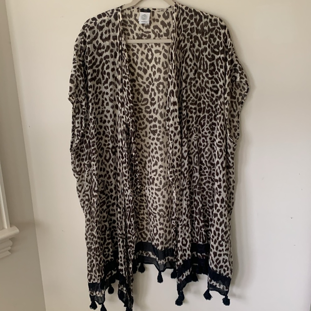 J Crew Leopard open front fringe detail kimono cape cardigan swim coverup SZ M/L - Picture 14 of 14